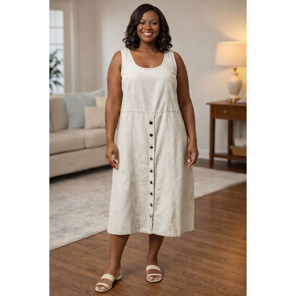 Erika & Co Size Large Dress Khaki Button Front Sleeveless Linen Blend - Picture 8 of 8